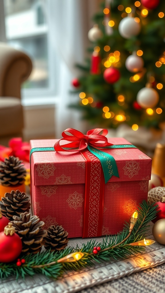 Thoughtful Christmas Gift Ideas for Your Boyfriend from Mom A festive Christmas gift box with decorations, symbolizing thoughtful gift-giving.